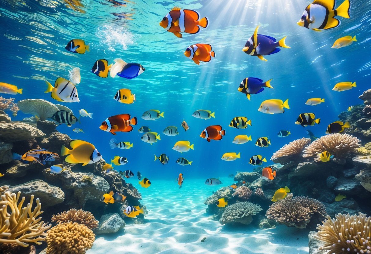 Peixes coloridos e diversos nadando em um recife de coral sob a água clara do oceano.