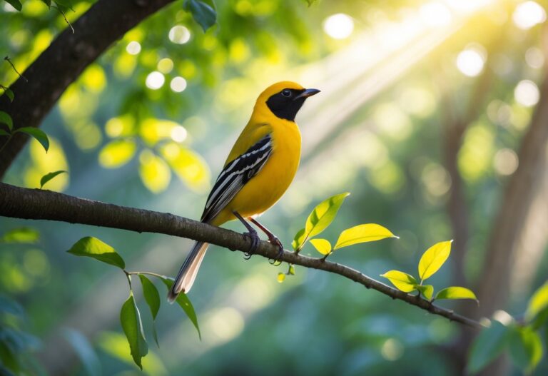 Um pássaro bem-te-vi colorido pousado em um galho de árvore em uma floresta iluminada pelo sol.