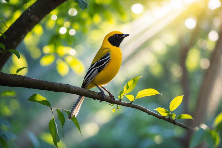 Um pássaro bem-te-vi colorido pousado em um galho de árvore em uma floresta iluminada pelo sol.
