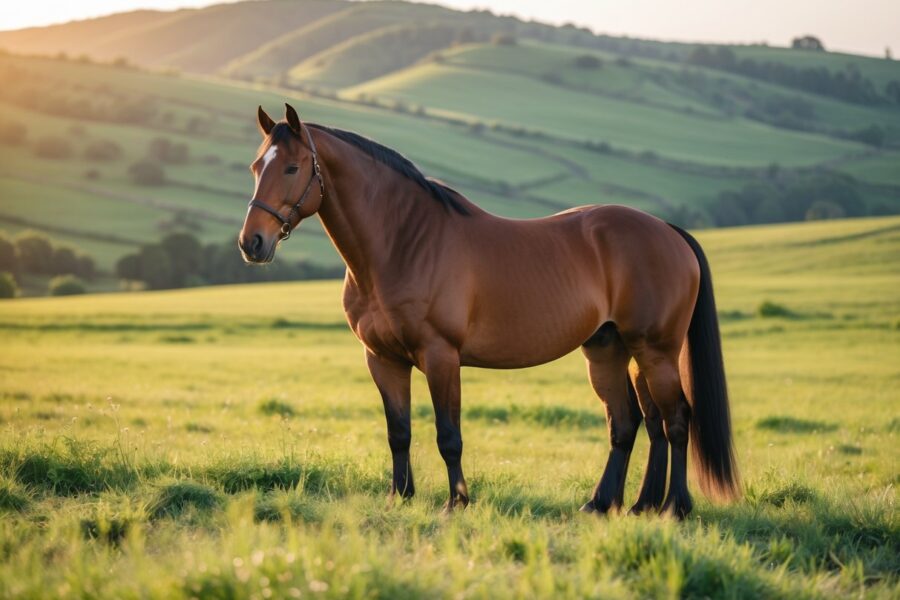 Um cavalo majestoso em um campo aberto iluminado pelo sol durante o entardecer.