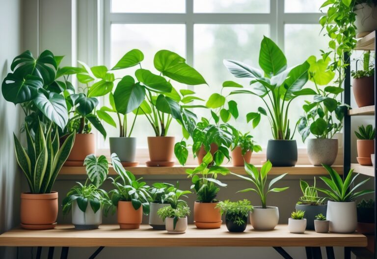Várias plantas de interior saudáveis e vibrantes organizadas em uma mesa e prateleiras, com luz natural suave iluminando as folhas verdes.