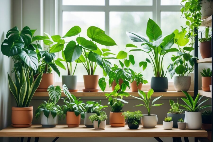 Várias plantas de interior saudáveis e vibrantes organizadas em uma mesa e prateleiras, com luz natural suave iluminando as folhas verdes.