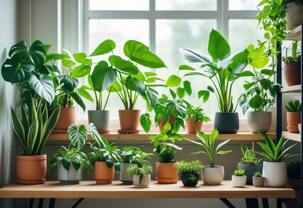 Várias plantas de interior saudáveis e vibrantes organizadas em uma mesa e prateleiras, com luz natural suave iluminando as folhas verdes.