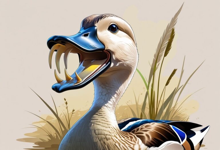 Um pato com o bico aberto mostrando a parte interna da boca para observar se há dentes.