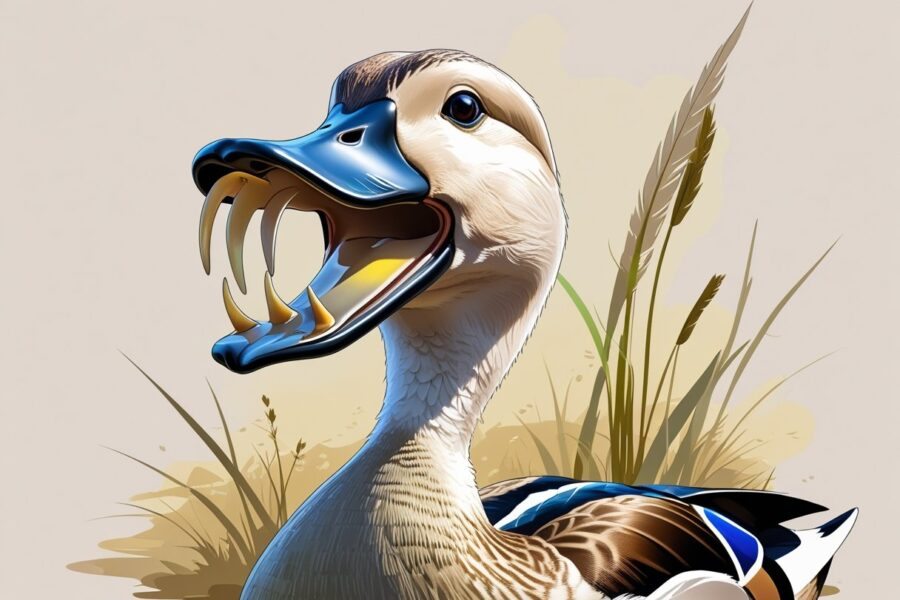 Um pato com o bico aberto mostrando a parte interna da boca para observar se há dentes.