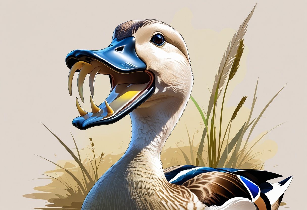 Um pato com o bico aberto mostrando a parte interna da boca para observar se há dentes.