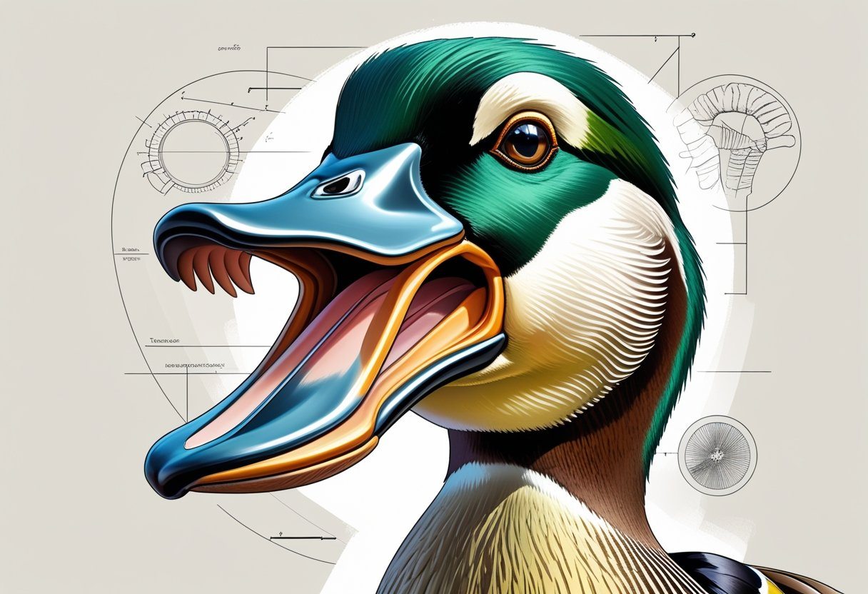 Close-up da cabeça de um pato com o bico ligeiramente aberto, mostrando detalhes internos do bico sem dentes.