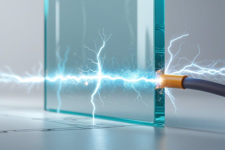 Ilustração mostrando uma placa de vidro com uma carga elétrica tentando passar por ela, mas sem conduzir eletricidade.