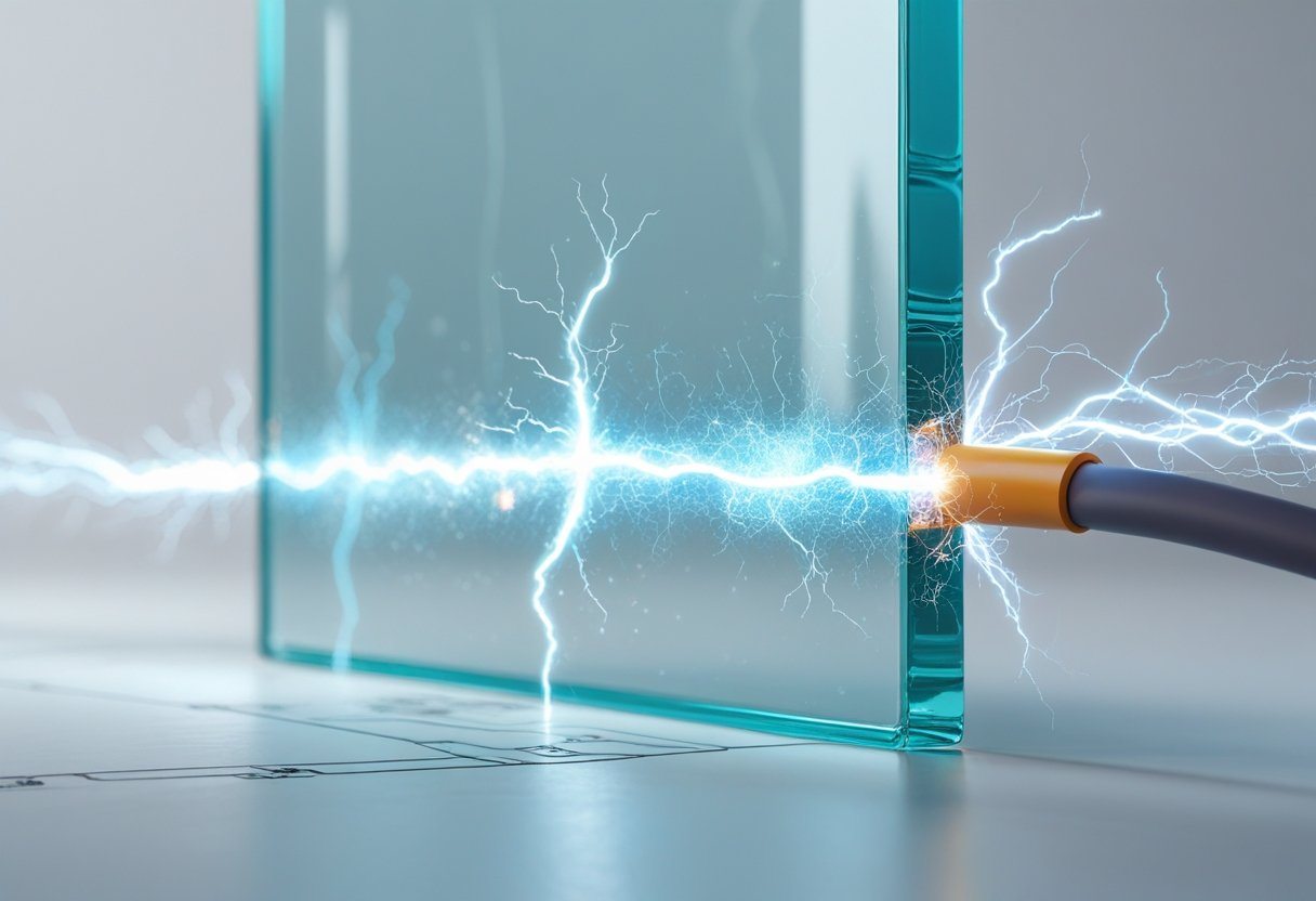 Ilustração mostrando uma placa de vidro com uma carga elétrica tentando passar por ela, mas sem conduzir eletricidade.