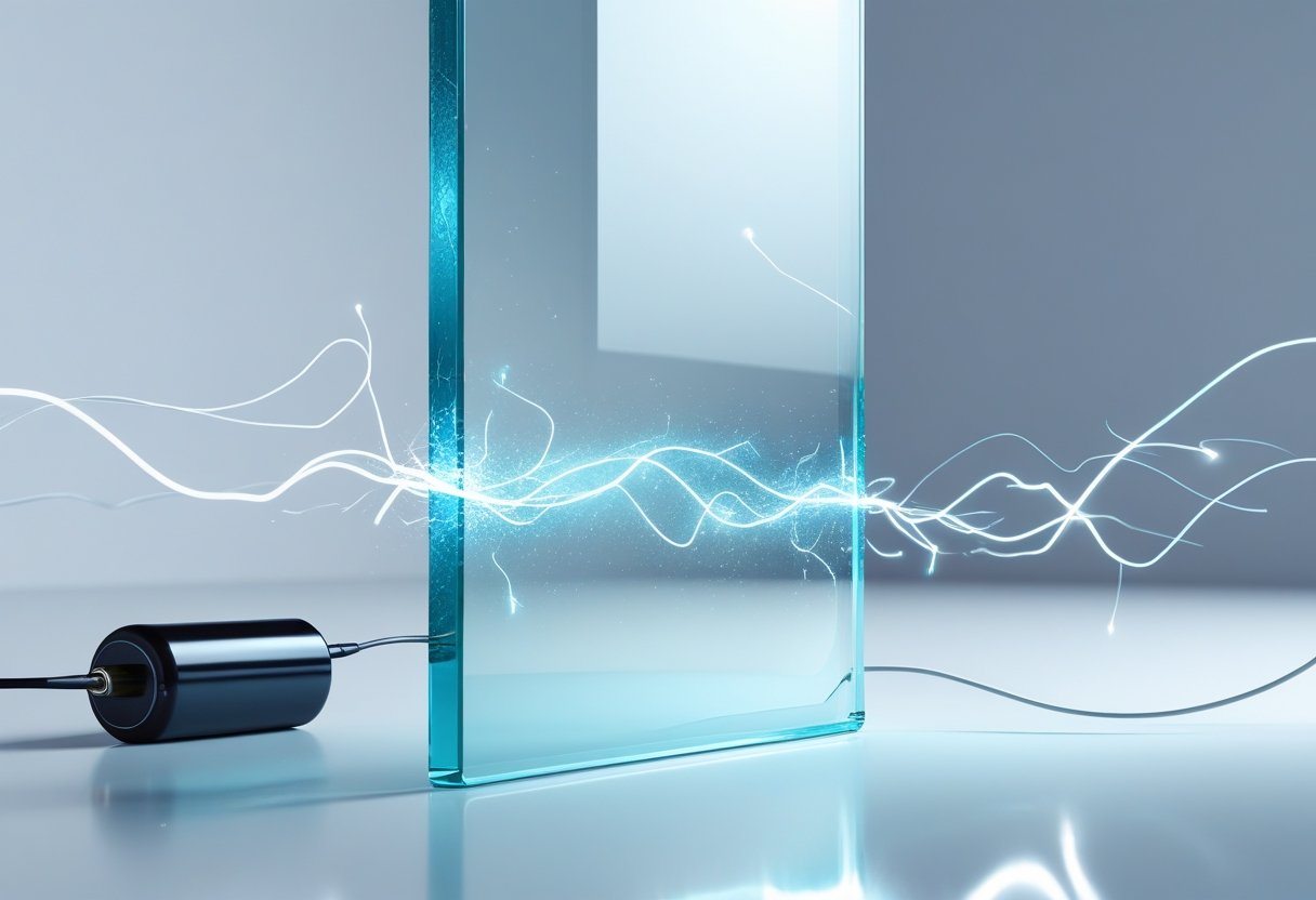 Ilustração mostrando uma placa de vidro transparente com correntes elétricas fluindo ao redor, mas sem passar pelo vidro, demonstrando que o vidro não conduz eletricidade.