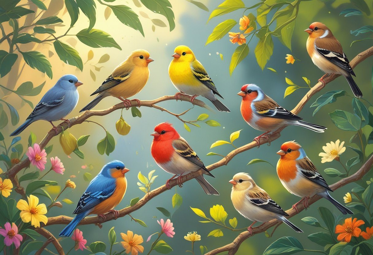 Vários passarinhos coloridos empoleirados em galhos com folhas verdes e flores ao redor.