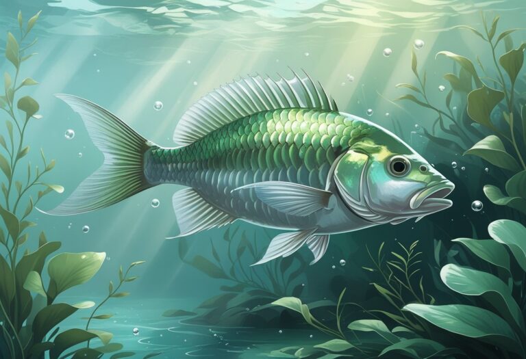 Peixe tilápia nadando em um ambiente subaquático tranquilo com plantas aquáticas ao redor.