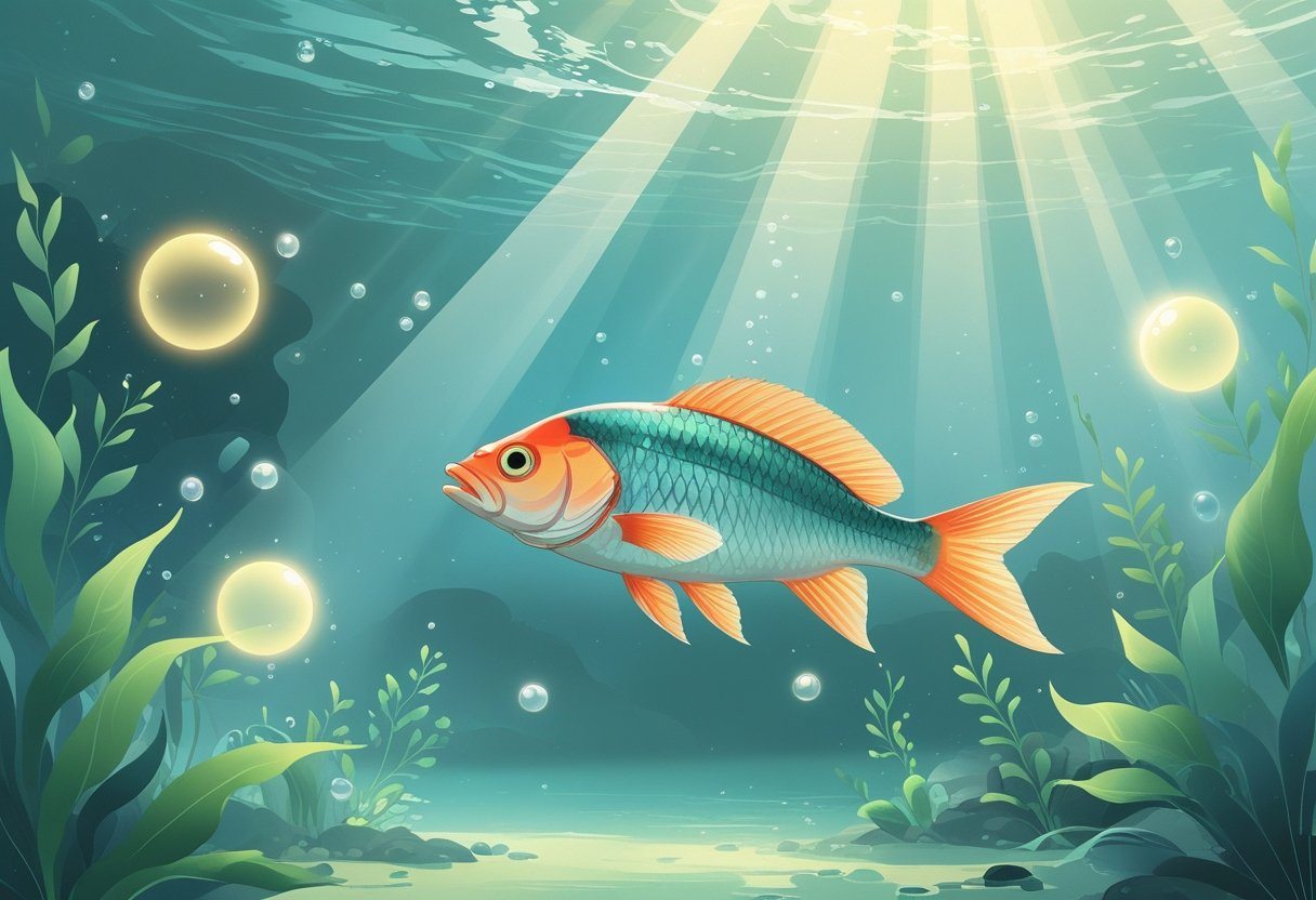 Peixe tilápia nadando em um ambiente subaquático tranquilo com plantas aquáticas e luz suave penetrando na água.