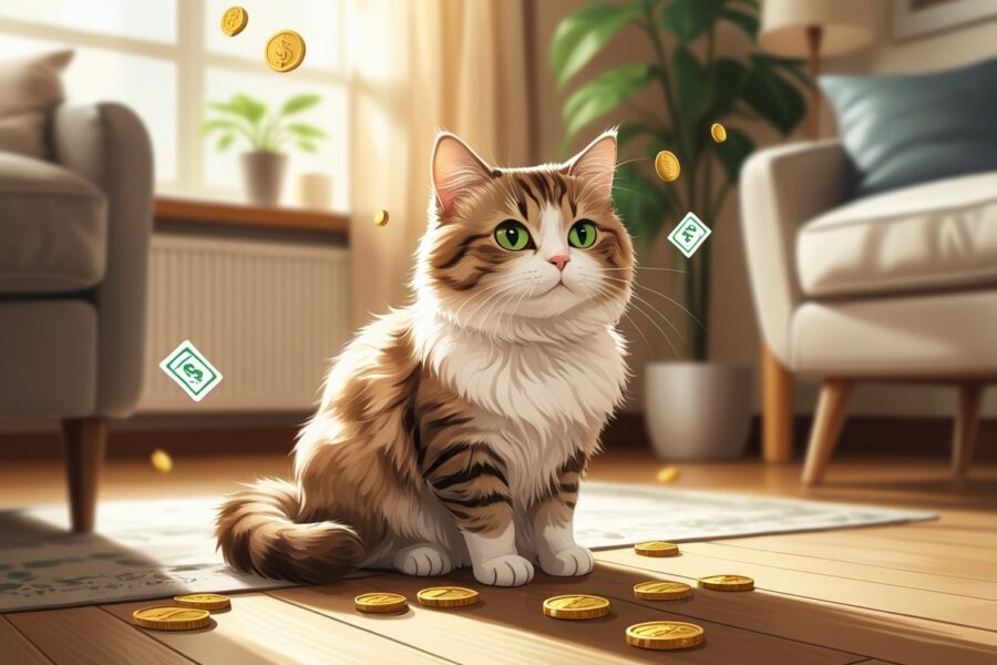 Um gato Munchkin sentado em um chão de madeira dentro de uma sala aconchegante, com moedas douradas flutuando ao redor.
