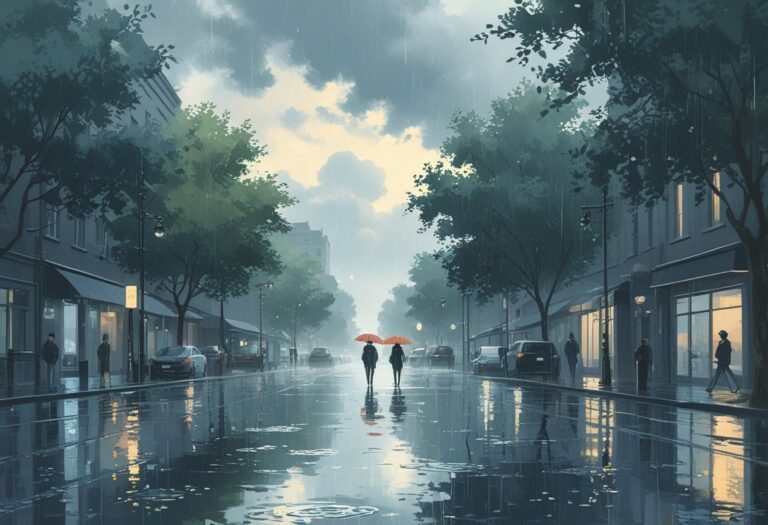 Rua urbana com chuva fraca e dispersa, pessoas caminhando com guarda-chuvas e poças d'água no chão.