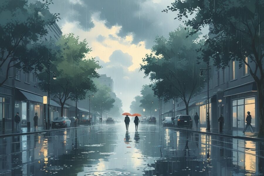 Rua urbana com chuva fraca e dispersa, pessoas caminhando com guarda-chuvas e poças d'água no chão.