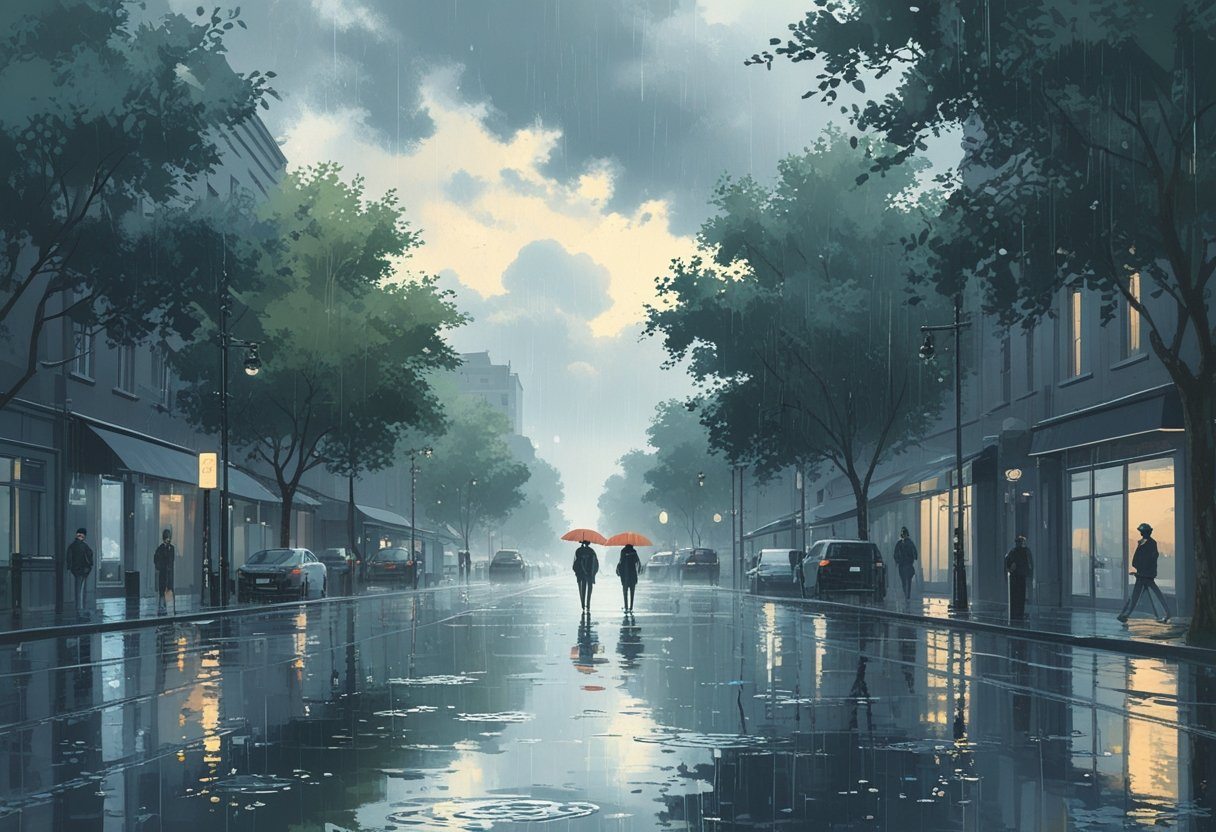 Rua urbana com chuva fraca e dispersa, pessoas caminhando com guarda-chuvas e poças d'água no chão.