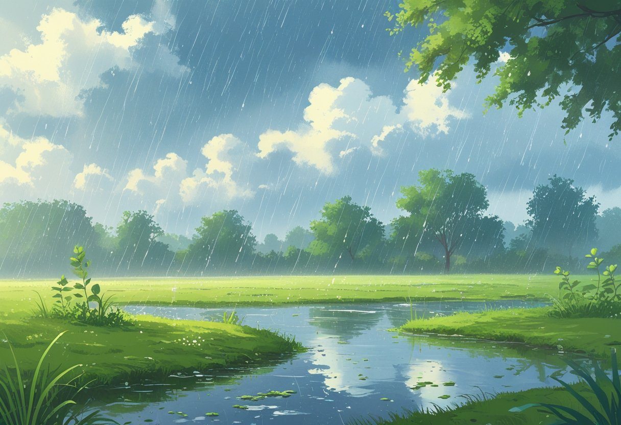 Céu parcialmente nublado com chuva esparsa caindo sobre grama e plantas, com árvores ao fundo e pequenas poças d'água no chão.
