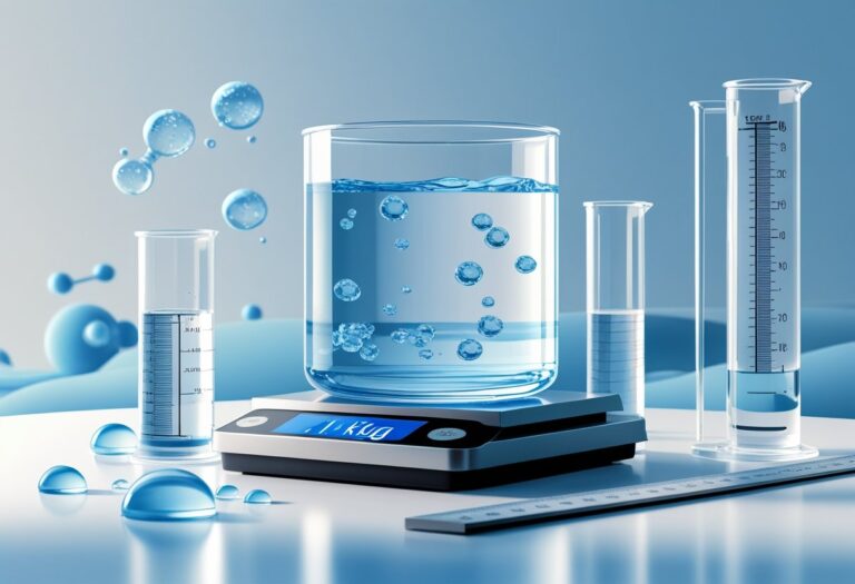 Um recipiente transparente cheio de água sobre uma balança digital mostrando o peso de um quilograma, com moléculas de água e instrumentos de medição ao redor.