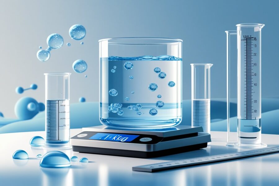 Um recipiente transparente cheio de água sobre uma balança digital mostrando o peso de um quilograma, com moléculas de água e instrumentos de medição ao redor.