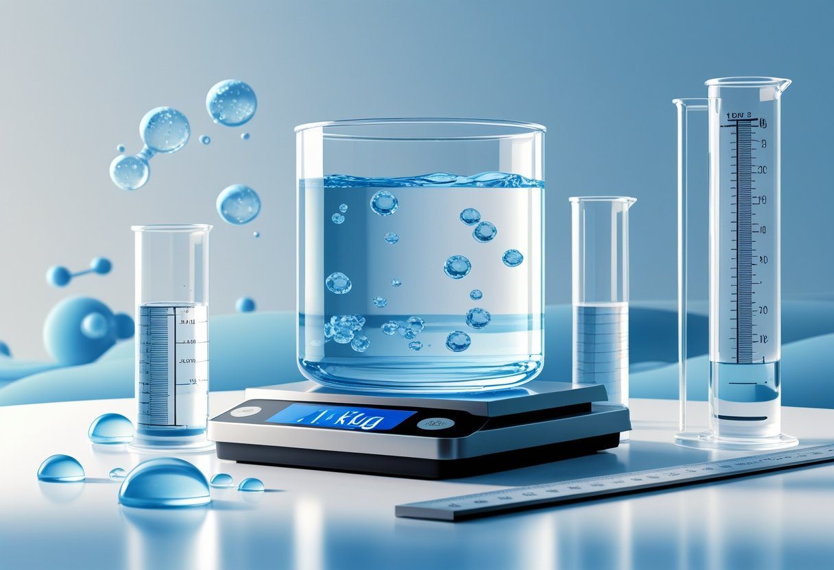 Um recipiente transparente cheio de água sobre uma balança digital mostrando o peso de um quilograma, com moléculas de água e instrumentos de medição ao redor.