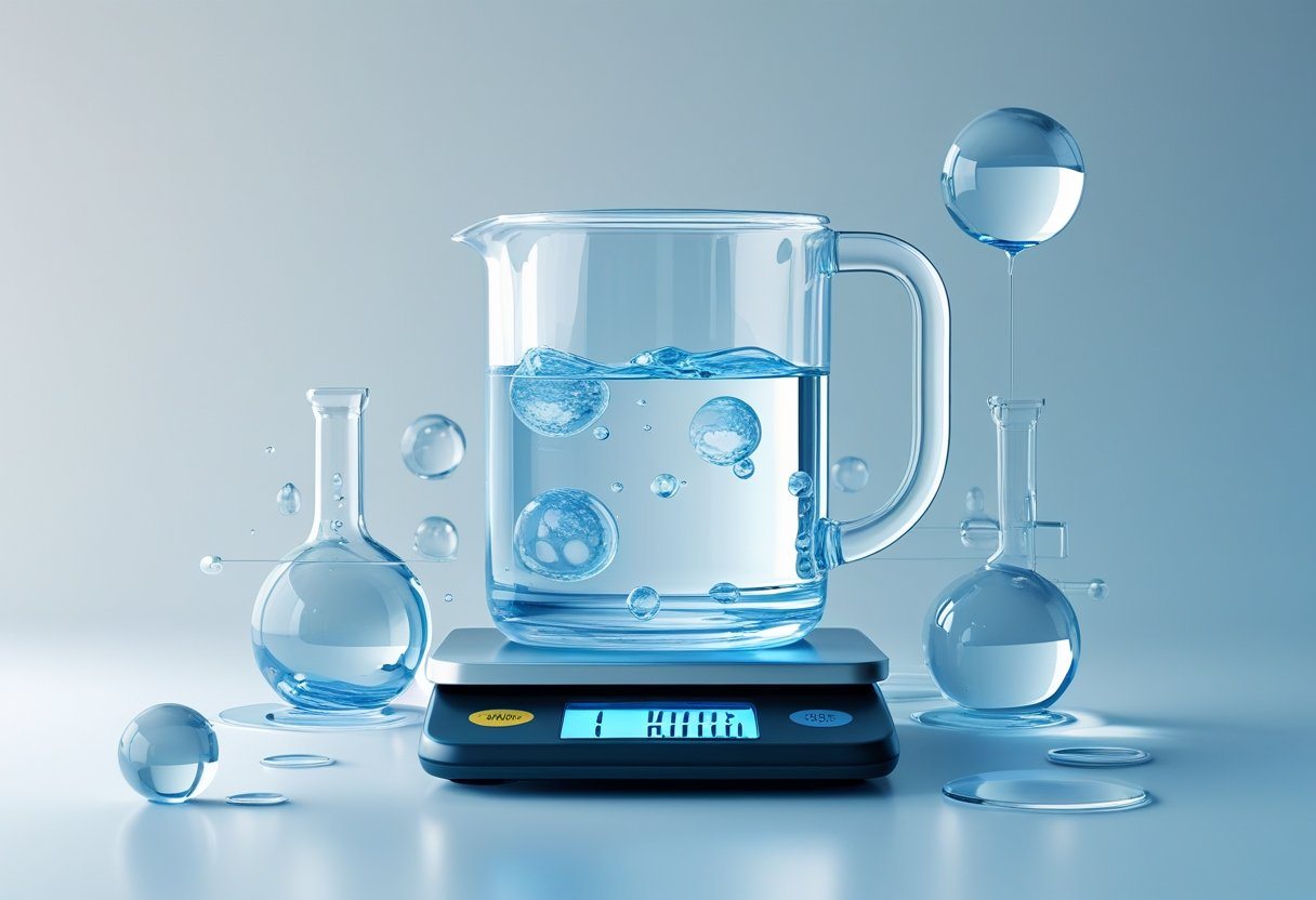 Um recipiente transparente cheio de água sobre uma balança digital mostrando o peso de 1 quilograma.