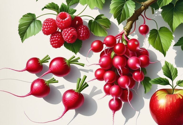 Ilustração de frutas que começam com a letra R: framboesas, rabanetes, uvas vermelhas e uma maçã vermelha, dispostas sobre um fundo neutro.