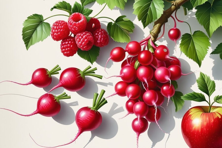 Ilustração de frutas que começam com a letra R: framboesas, rabanetes, uvas vermelhas e uma maçã vermelha, dispostas sobre um fundo neutro.