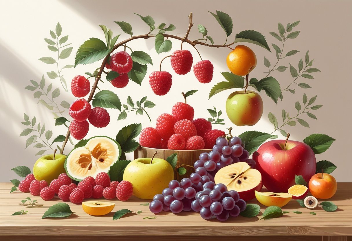Vários tipos de frutas vermelhas dispostas sobre uma mesa, incluindo framboesas, rambutã, uvas vermelhas e maçãs vermelhas, com folhas ao redor.