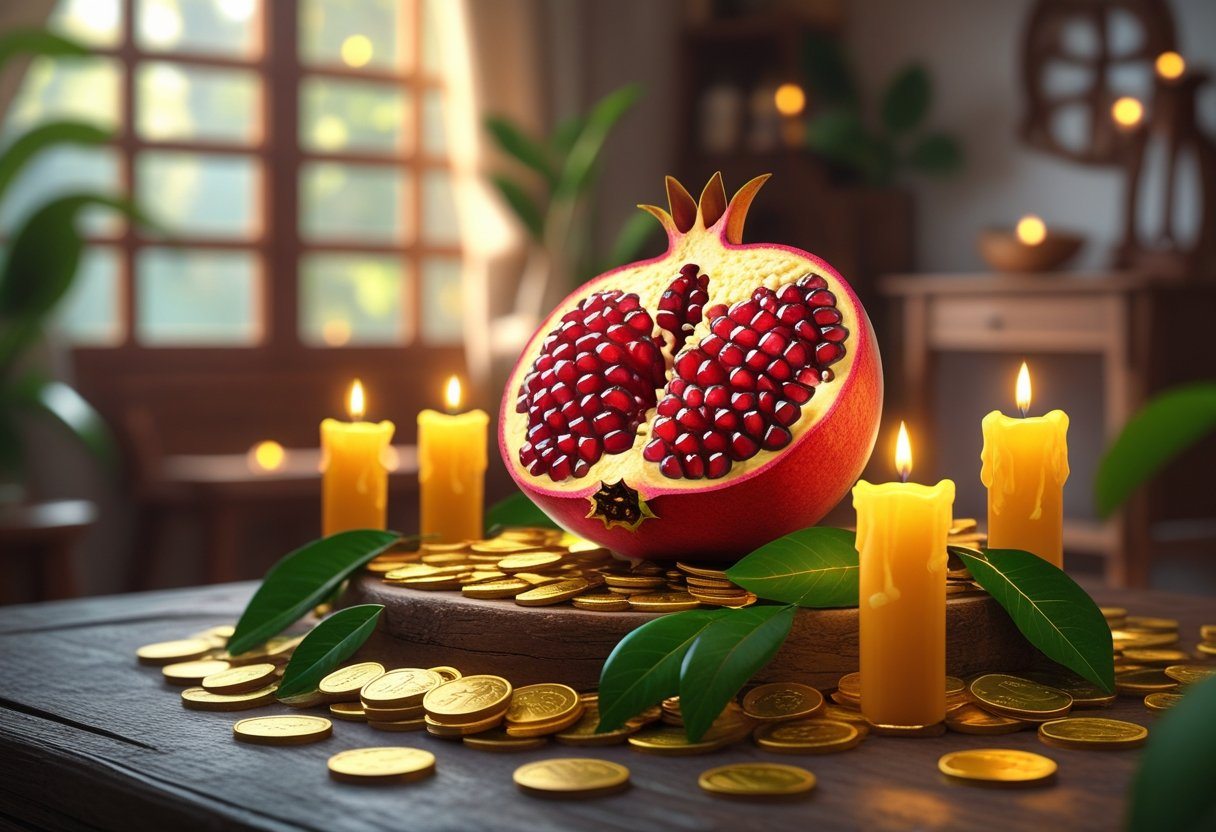 Altar com uma romã aberta, velas acesas, moedas douradas e folhas verdes, simbolizando uma simpatia para atrair dinheiro.