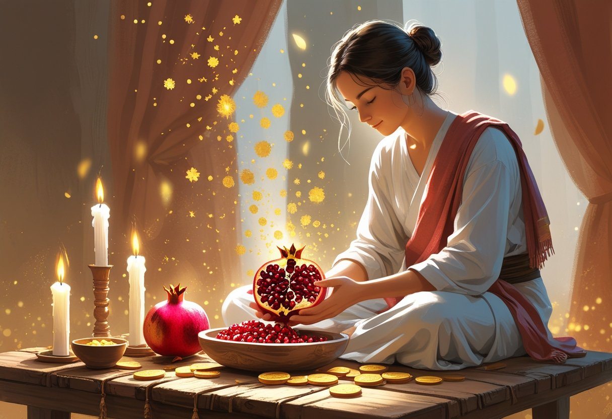 Pessoa realizando um ritual com uma romã aberta em uma mesa com velas e moedas, simbolizando prosperidade e dinheiro.