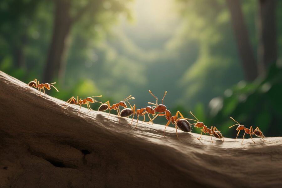 Formigas trabalhando juntas em um galho de árvore iluminado pela luz suave do sol em uma floresta tranquila.