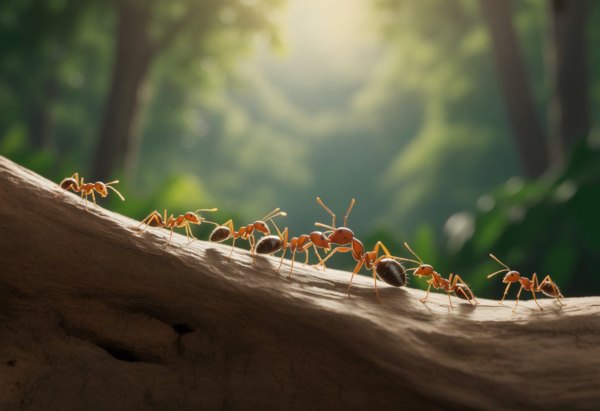 Formigas trabalhando juntas em um galho de árvore iluminado pela luz suave do sol em uma floresta tranquila.