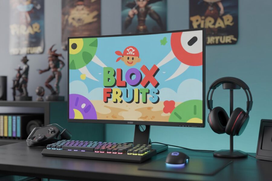 Setup de jogo moderno com monitor grande mostrando gráficos coloridos de um tema pirata, teclado com iluminação RGB, mouse e fones de ouvido sobre mesa de jogos.