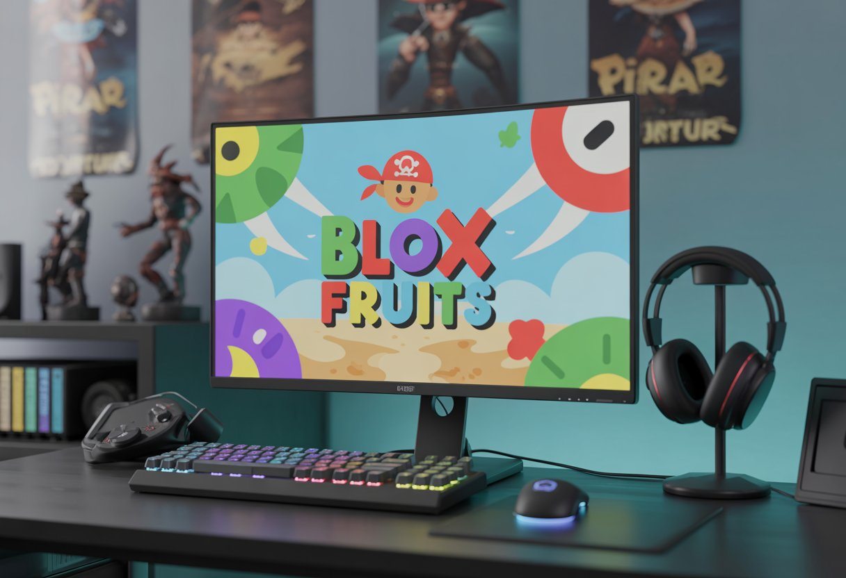 Setup de jogo moderno com monitor grande mostrando gráficos coloridos de um tema pirata, teclado com iluminação RGB, mouse e fones de ouvido sobre mesa de jogos.