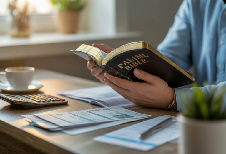 Pessoa segurando uma Bíblia aberta em uma mesa com calculadora, contas e uma planta, simbolizando fé e esperança para pagar dívidas.