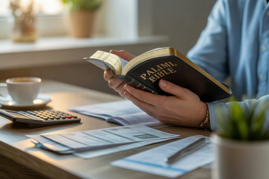 Pessoa segurando uma Bíblia aberta em uma mesa com calculadora, contas e uma planta, simbolizando fé e esperança para pagar dívidas.