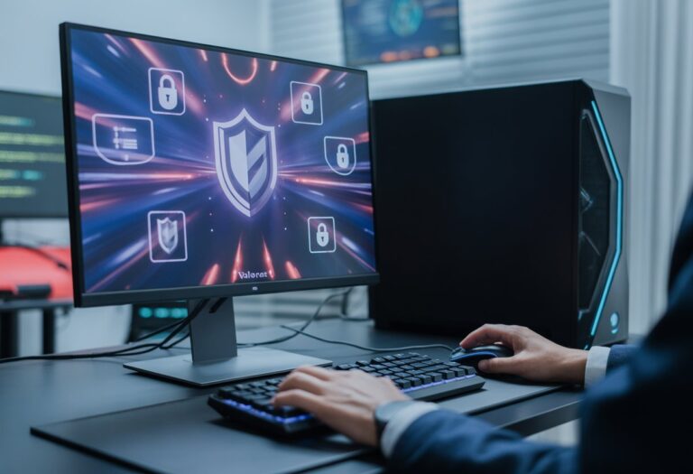 Computador moderno com tela mostrando elementos digitais de segurança e jogo, mãos usando teclado e mouse em ambiente tecnológico.