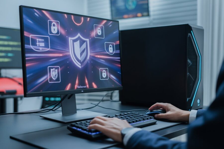 Computador moderno com tela mostrando elementos digitais de segurança e jogo, mãos usando teclado e mouse em ambiente tecnológico.