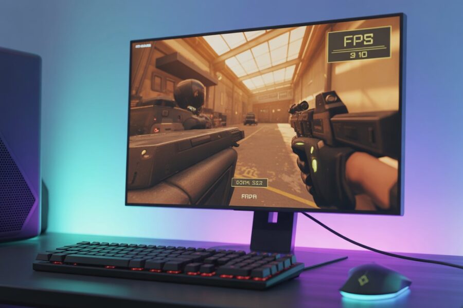 Configuração de jogo com monitor exibindo um jogo de tiro em primeira pessoa e equipamentos de jogos ao redor.
