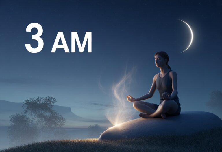 Uma pessoa meditando à noite sob a luz da lua crescente, cercada por uma aura suave e partículas brilhantes, em um ambiente tranquilo com árvores e montanhas ao fundo.