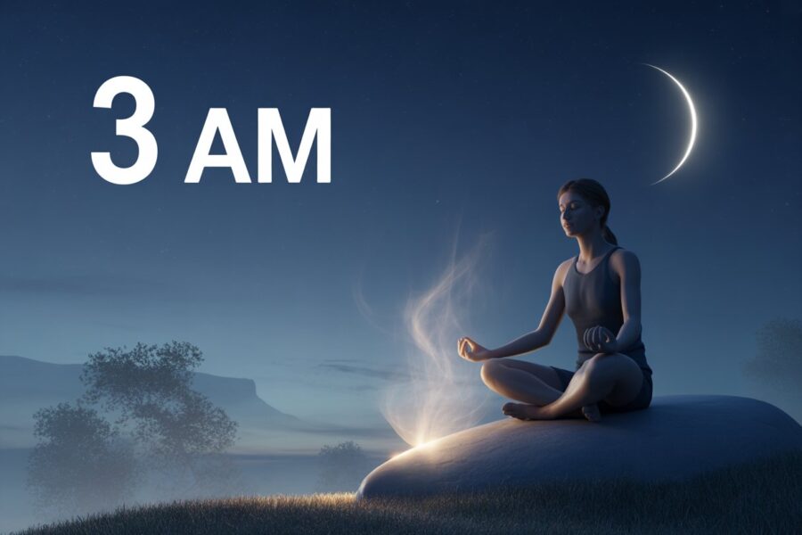 Uma pessoa meditando à noite sob a luz da lua crescente, cercada por uma aura suave e partículas brilhantes, em um ambiente tranquilo com árvores e montanhas ao fundo.