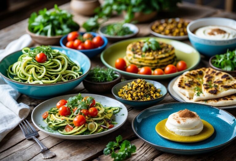 Mesa com pratos variados de comida começando com a letra Z, incluindo zoodles, pão com za'atar e sobremesa zabaione.