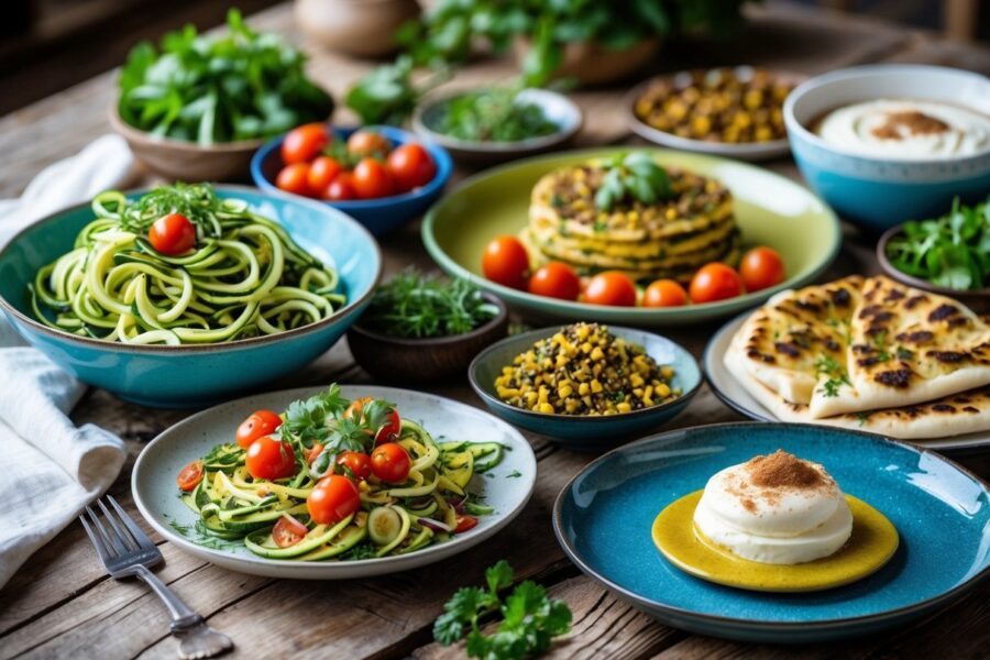 Mesa com pratos variados de comida começando com a letra Z, incluindo zoodles, pão com za'atar e sobremesa zabaione.