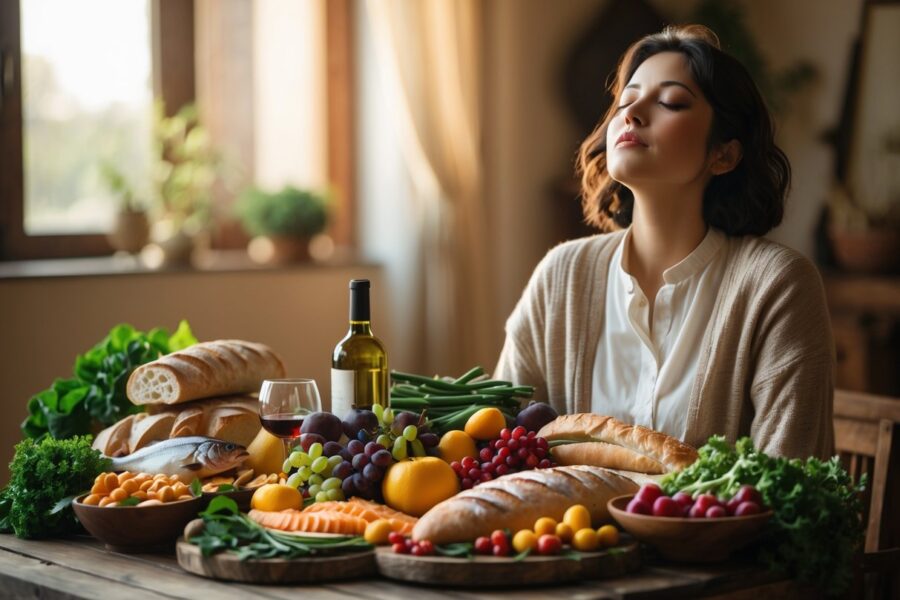 Pessoa em um ambiente tranquilo, com os olhos fechados, cercada por uma mesa rústica cheia de alimentos variados simbolizando abundância e bênçãos.