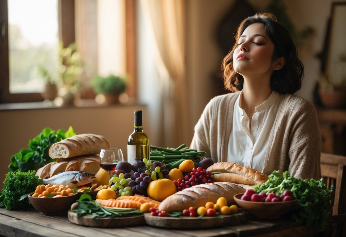Pessoa em um ambiente tranquilo, com os olhos fechados, cercada por uma mesa rústica cheia de alimentos variados simbolizando abundância e bênçãos.