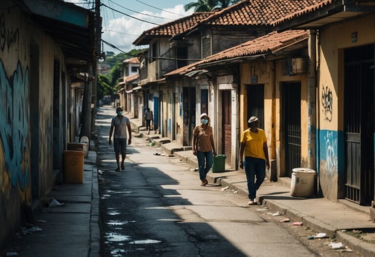 Rua de bairro em Salvador com prédios desgastados, grafites nas paredes e pessoas andando com cuidado.