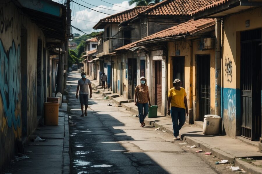 Rua de bairro em Salvador com prédios desgastados, grafites nas paredes e pessoas andando com cuidado.