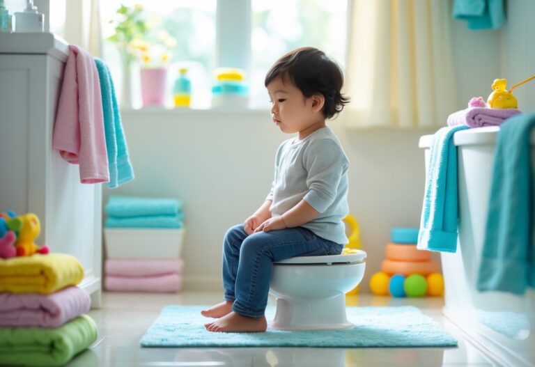 Criança sentada em um penico em um banheiro claro e limpo, demonstrando um momento tranquilo.