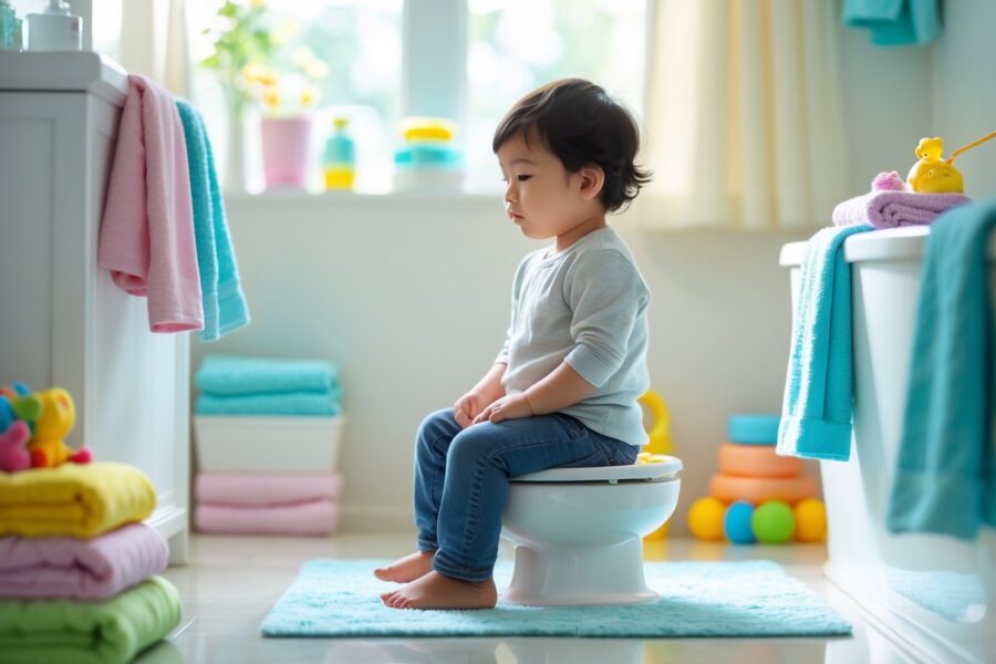 Criança sentada em um penico em um banheiro claro e limpo, demonstrando um momento tranquilo.